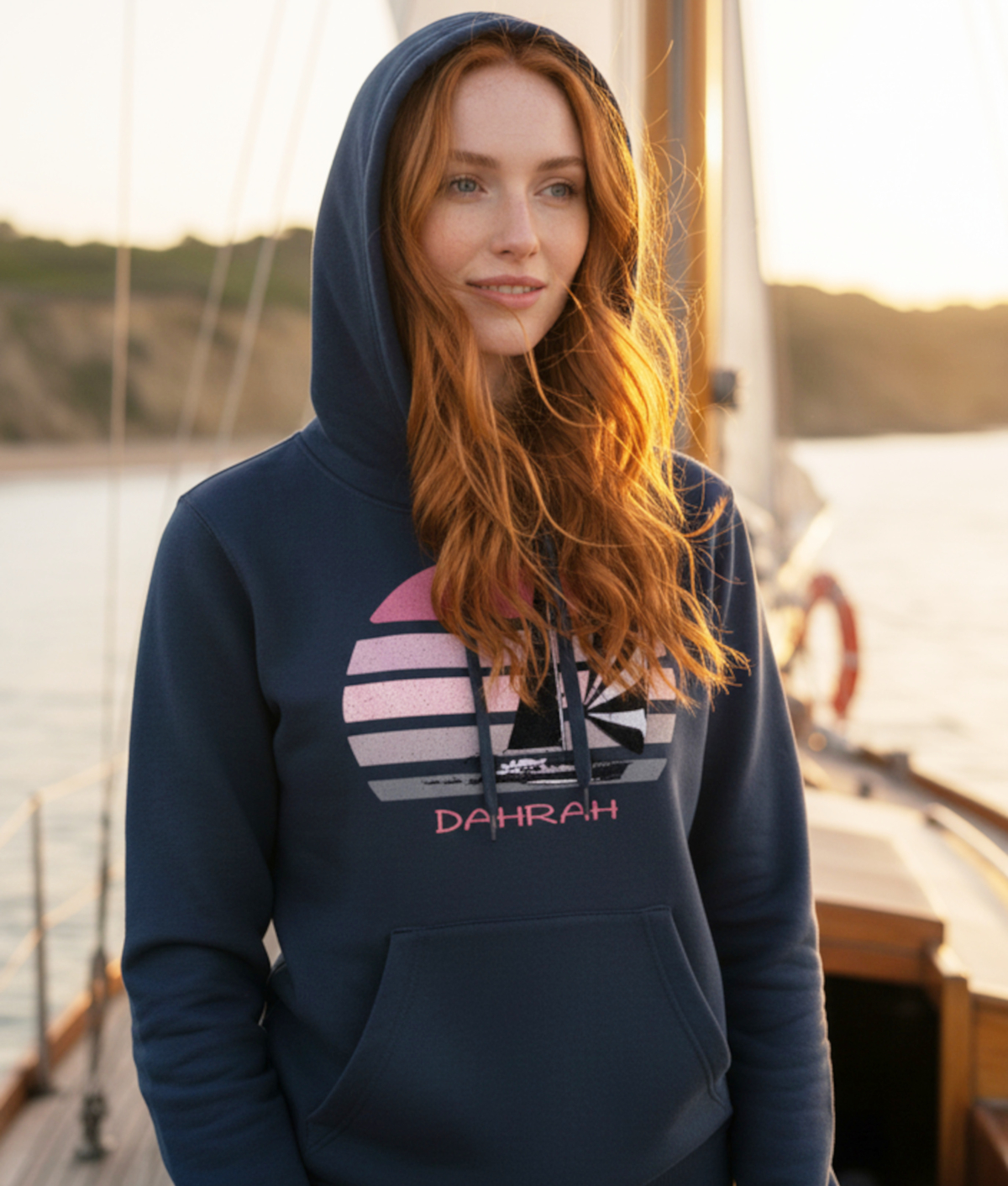 Sailing hoodie with print of a SAILBOAT by Dahrah Darah Fashion.