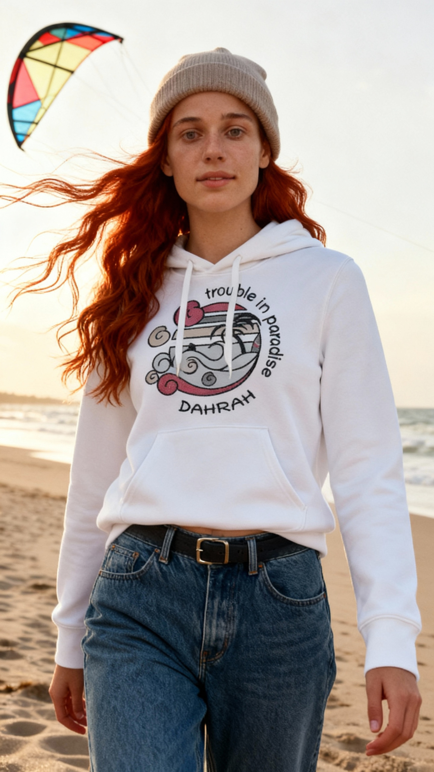 Dahrah surfing and sailing hoodie with print of surfing beach with shark.