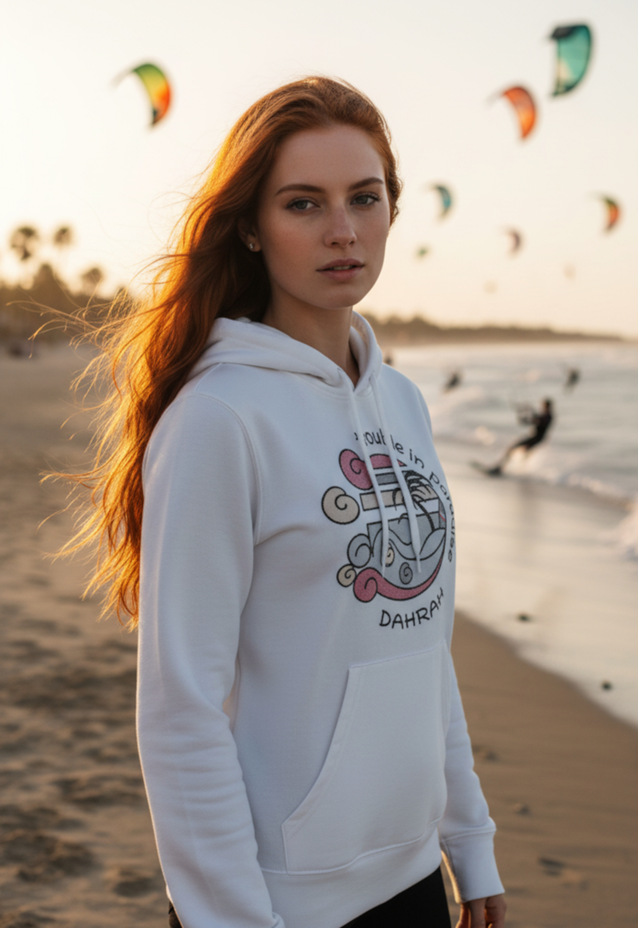 Dahrah Darah surfing hoodie with print of surfing beach with shark.