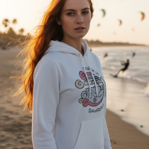 Dahrah Darah surfing hoodie with print of surfing beach with shark.