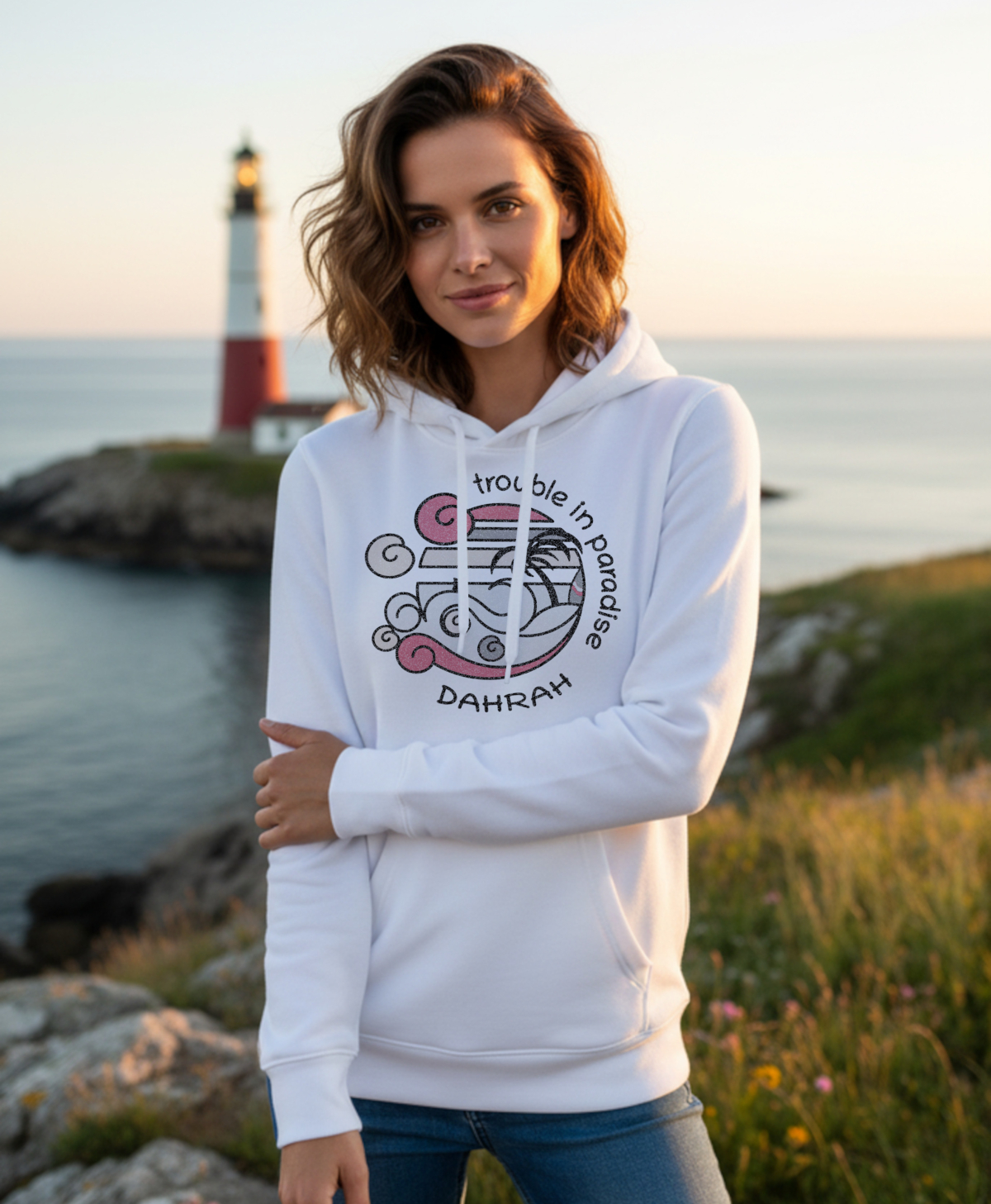 Dahrah Darah surfing hoodie with print of surfing beach with shark.