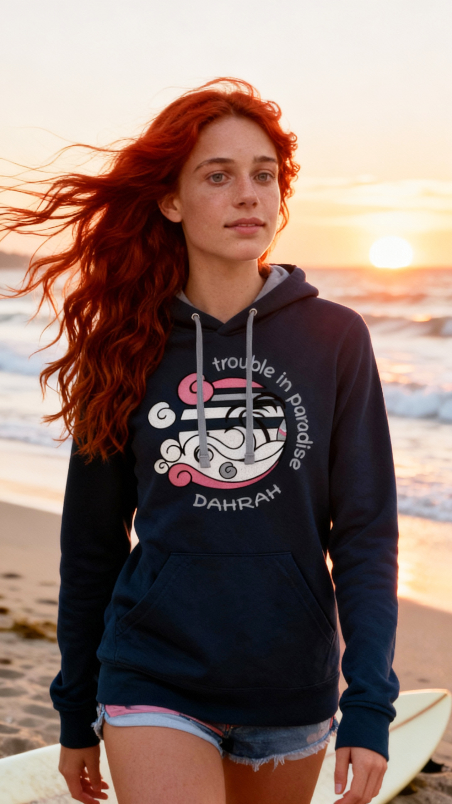 Dahrah surfing and sailing hoodie with print of surfing beach with shark.
