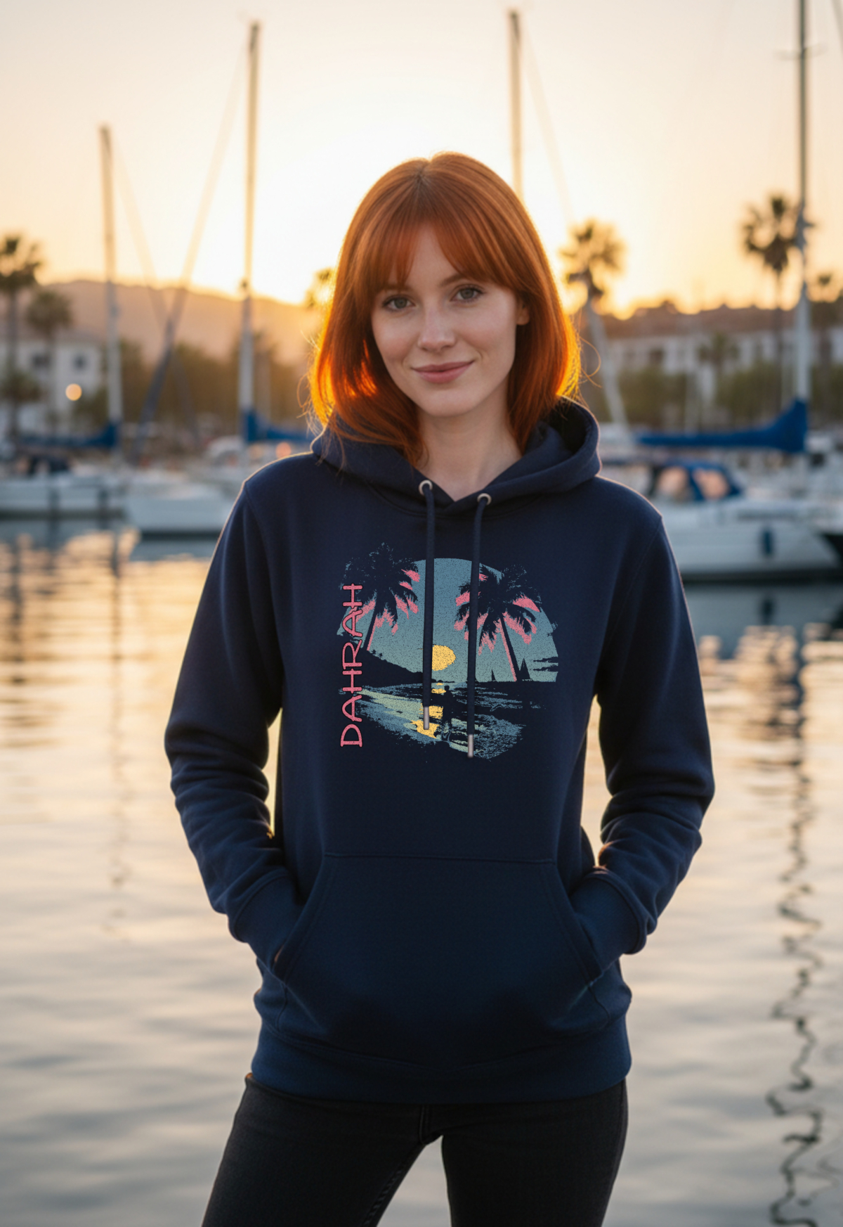 Dahrah surfing and sailing hoodie with print of tropical surfing beach.
