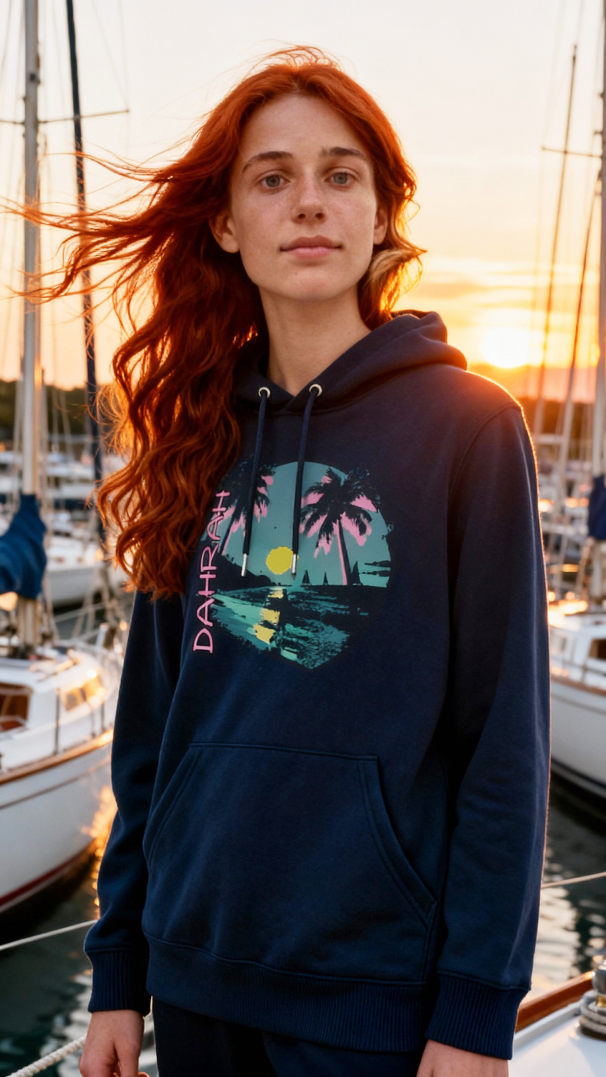 Dahrah surfing and sailing hoodie with print of tropical surfing beach.