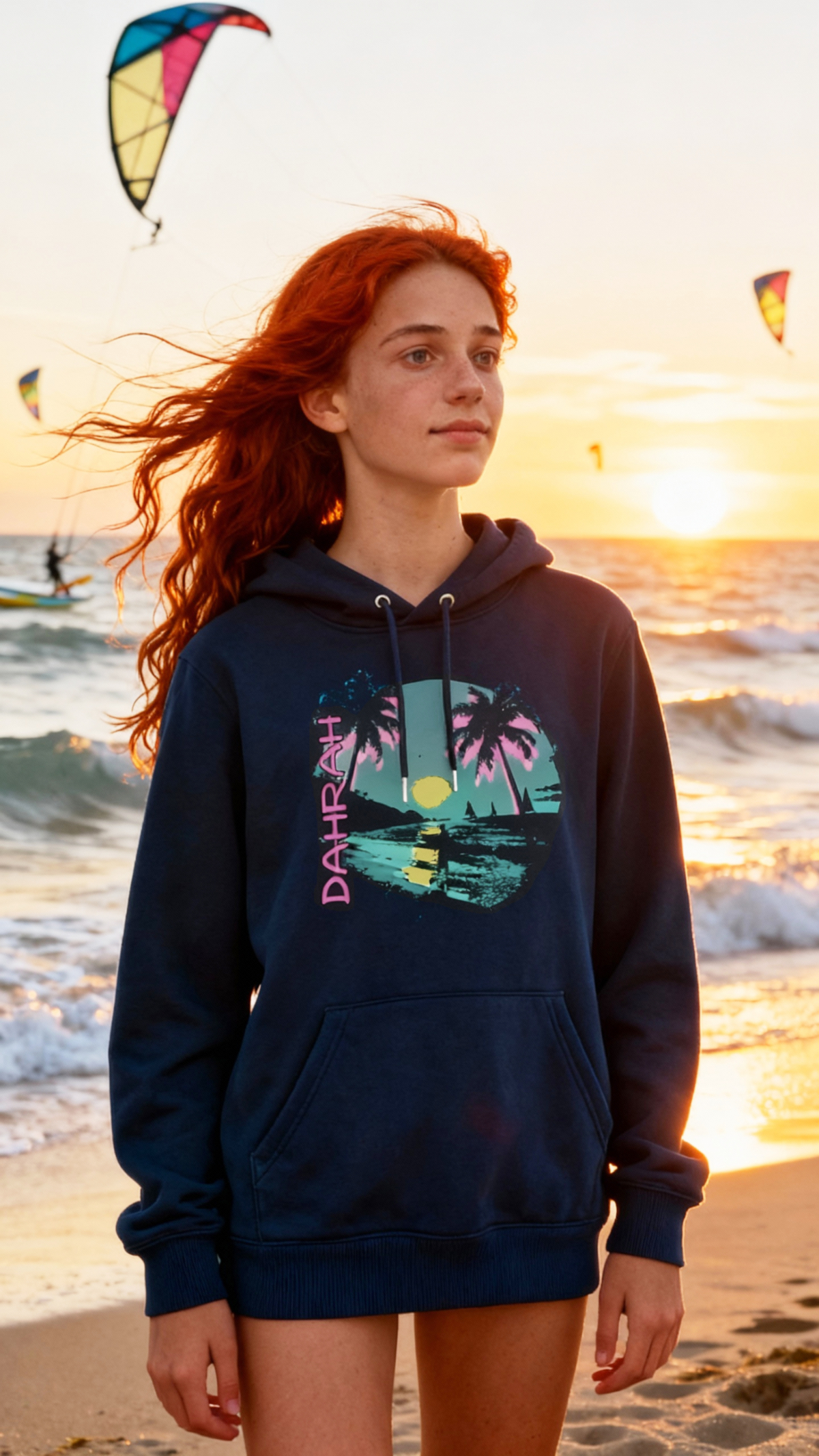 Dahrah surfing and sailing hoodie with print of tropical surfing beach.