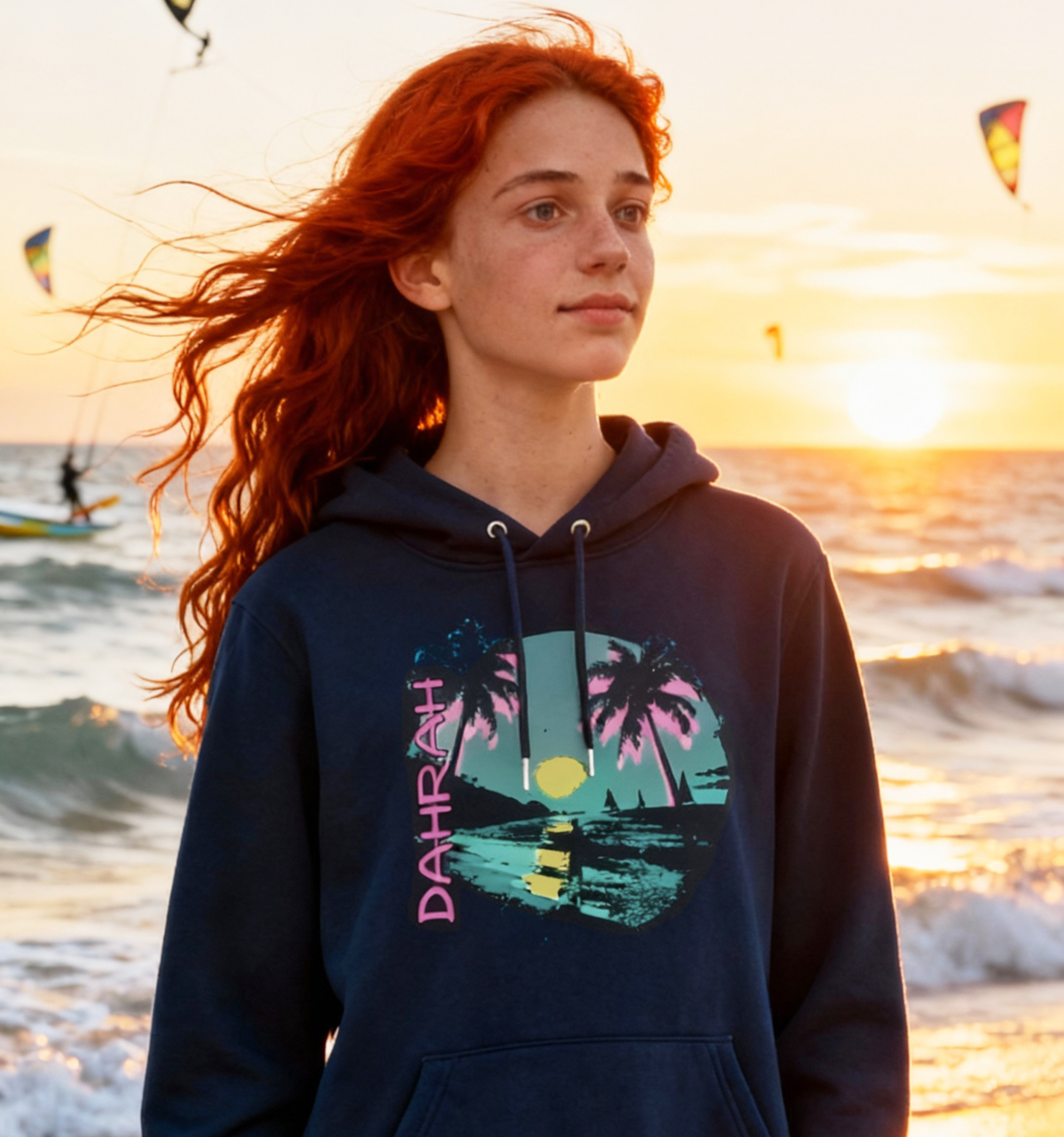 Dahrah surfing and sailing hoodie with print of tropical surfing beach.