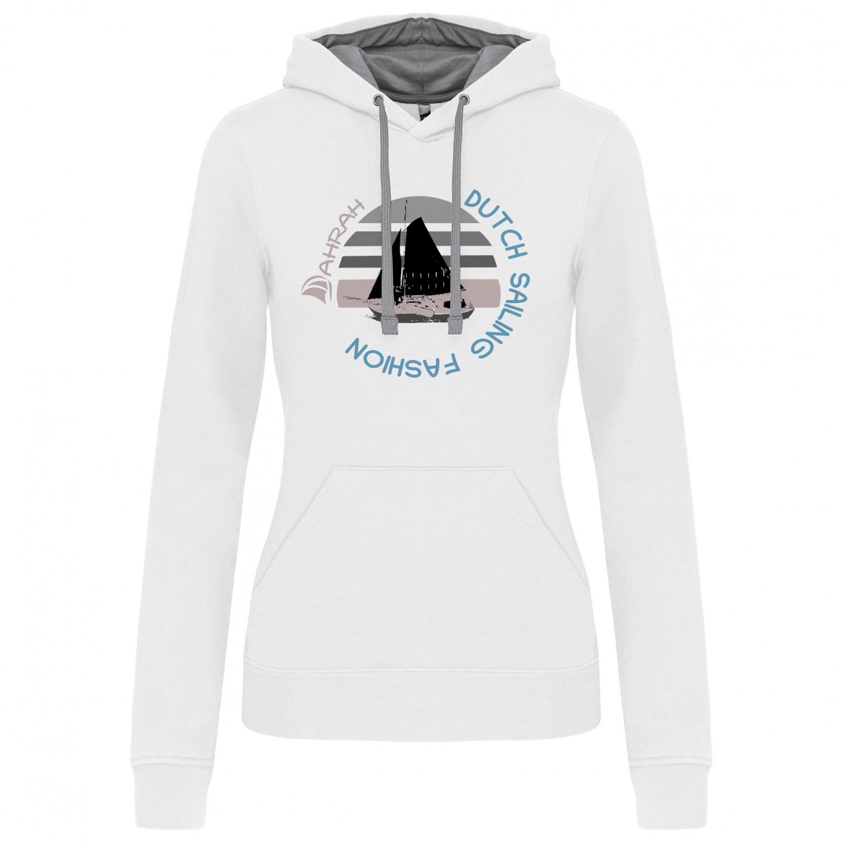 Unisex sailing hoodie with print of a Dutch traditional sailboat.