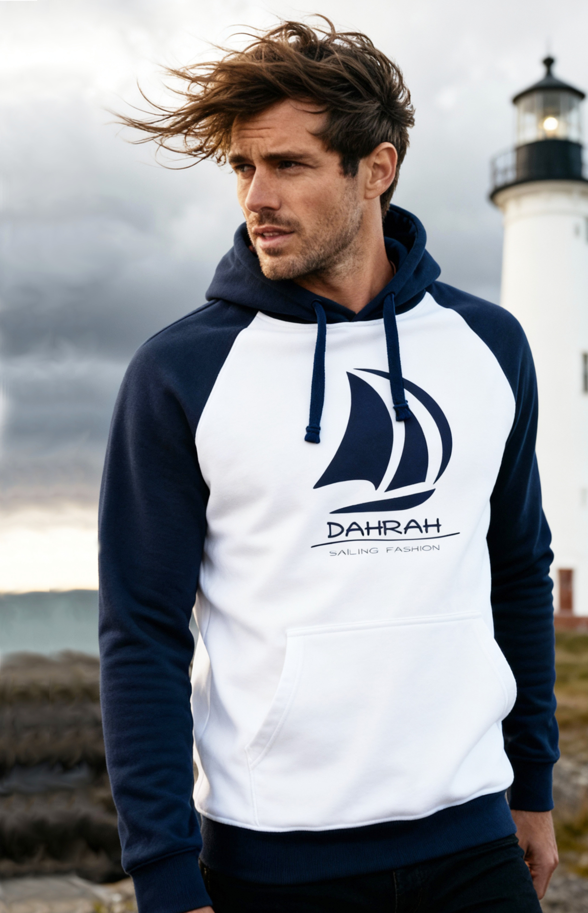 Sailing hoodie with print of Dahrah sailboat logo.