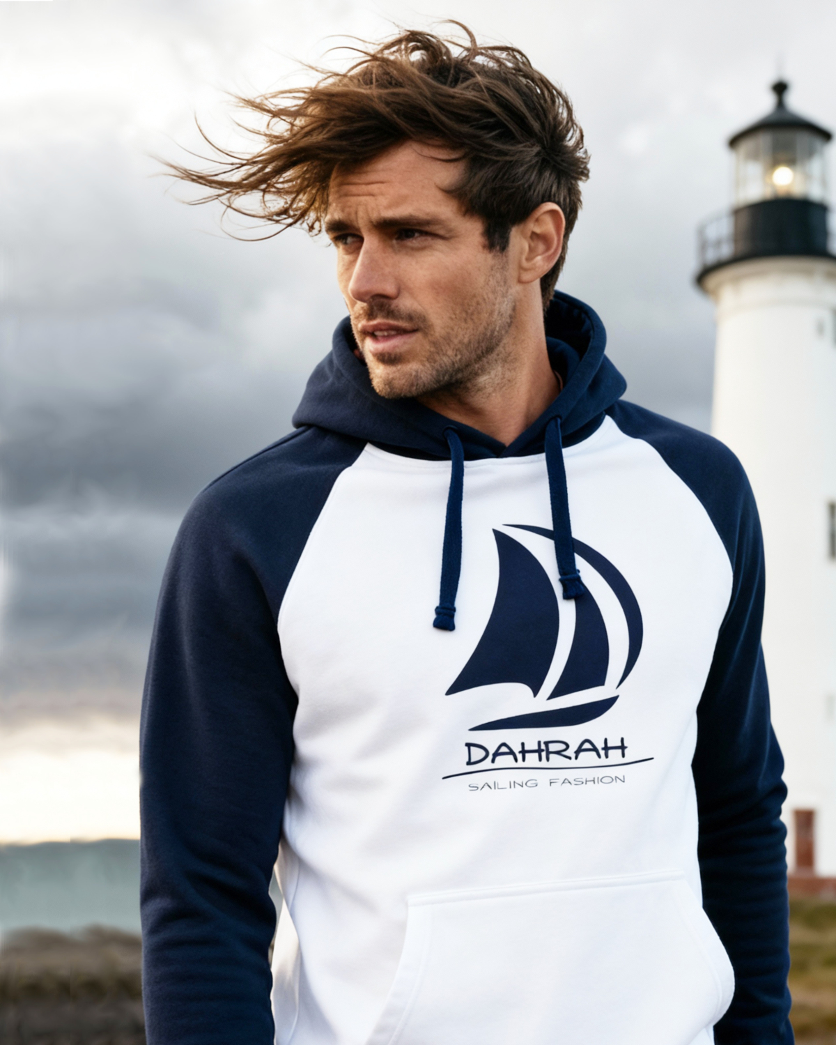 Sailing hoodie with print of Dahrah sailboat logo.