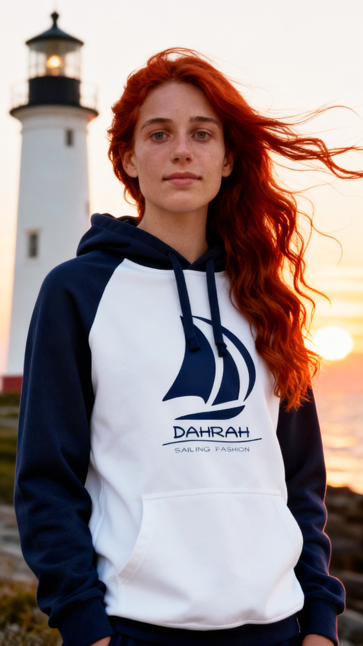 Sailing hoodie with print of Dahrah sailboat logo.