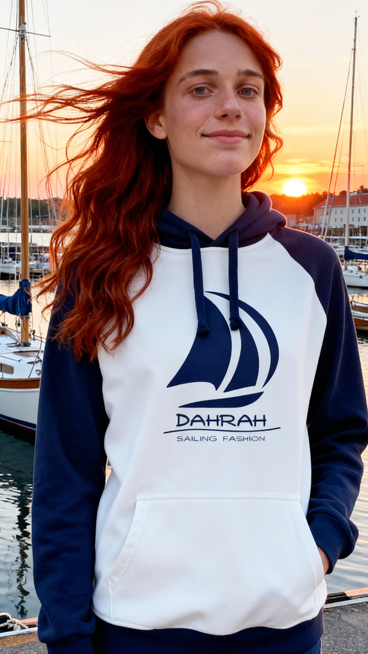 Sailing hoodie with print of Dahrah sailboat logo.