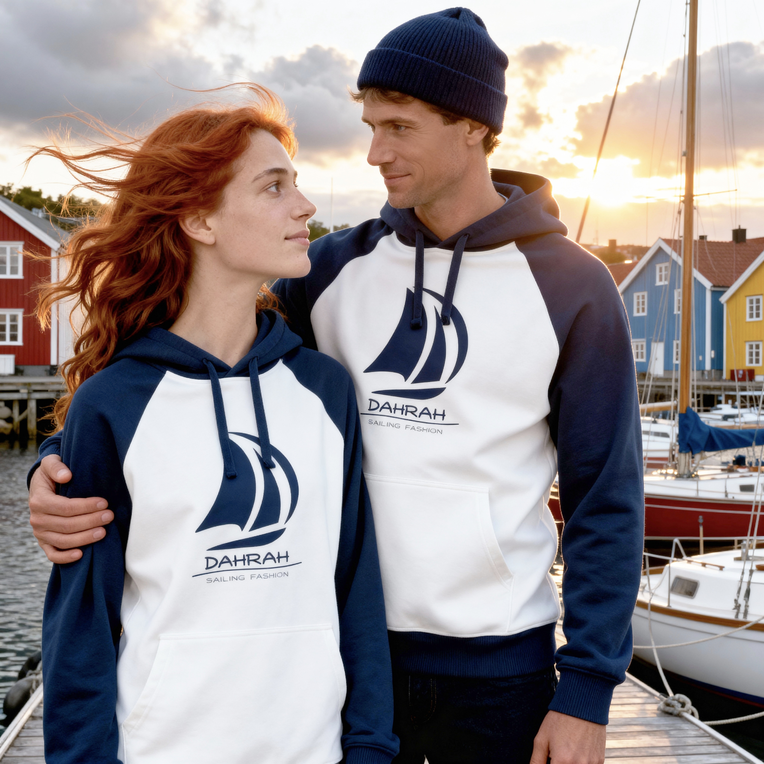 Sailing hoodie with print of Dahrah sailboat logo.