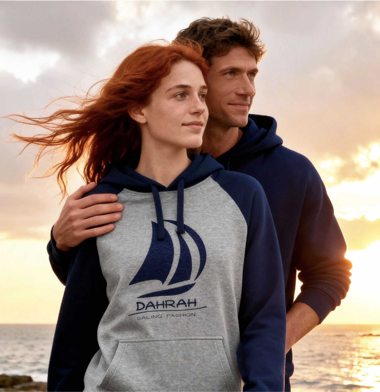 Sailing hoodie with print of Dahrah sailboat logo.