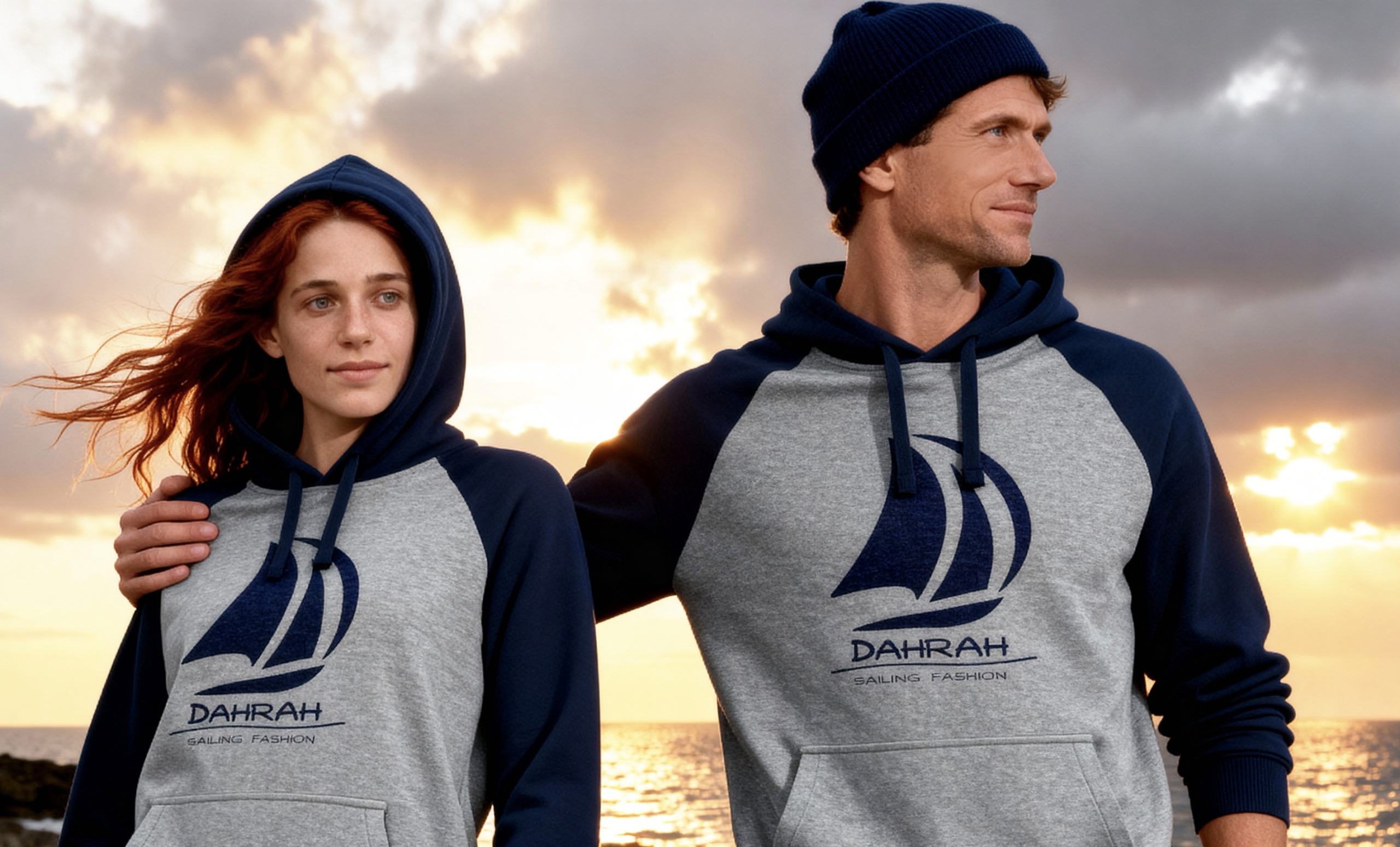 Sailing hoodie with print of Dahrah sailboat logo.