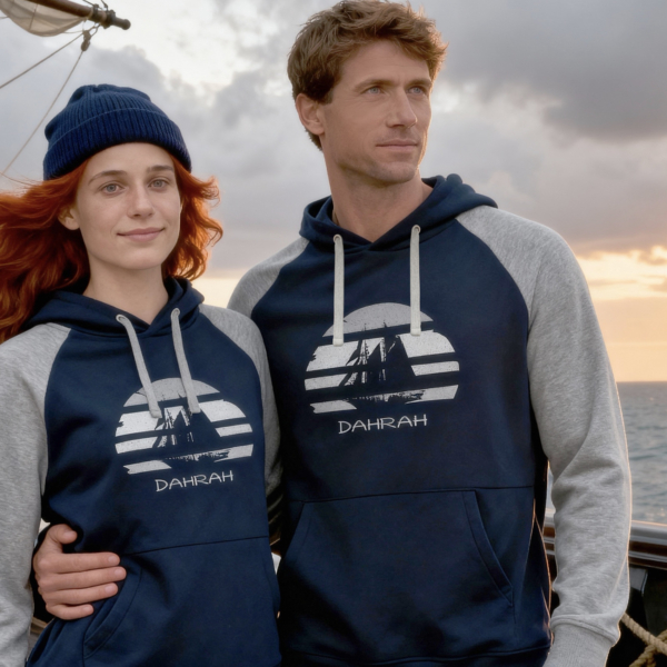 Sailing hoodie by Dahrah with print of Flying Dutchman sailboat, in grey and navy colors and raglan sleeves. Great style for sailing, skippers and crews.