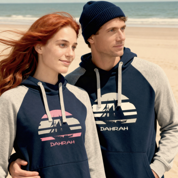 Sailing hoodie by Dahrah with print of Flying Dutchman sailboat, in grey and navy colors and raglan sleeves. Great style for sailing, skippers and crews.