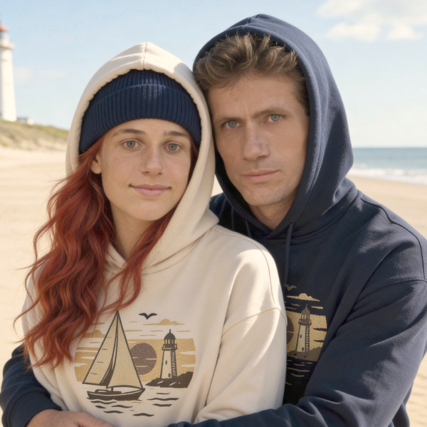 Vintage sailing hoodie with lighthouse and sailboat. Unique and creative design for adventurous sailors and crews by Dahrah Sailing Fashion.