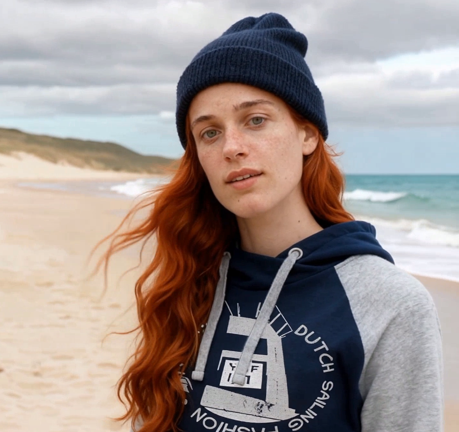 Sailing hoodie by Dahrah with print of a lighthouse, in grey and navy color and raglan sleeve. Great style for sailing, skippers and crews.