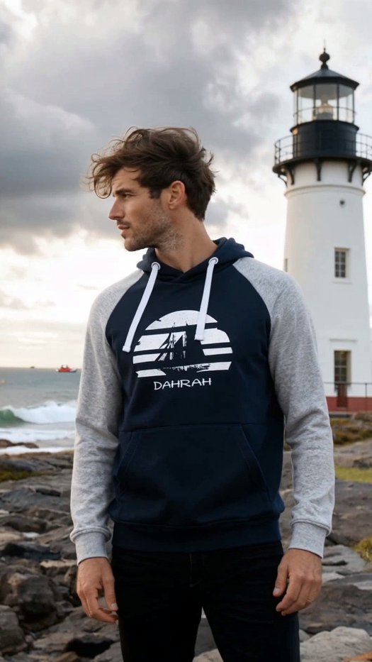 Sailing hoodie by Dahrah with print of Flying Dutchman sailboat, in grey and navy colors and raglan sleeves. Great style for sailing, skippers and crews.