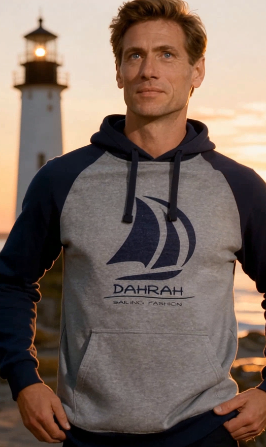 Sailing hoodie with print of Dahrah sailboat logo.