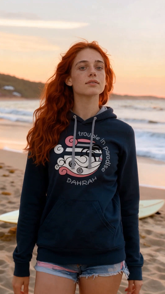 Dahrah surfing and sailing hoodie with print of surfing beach with shark.