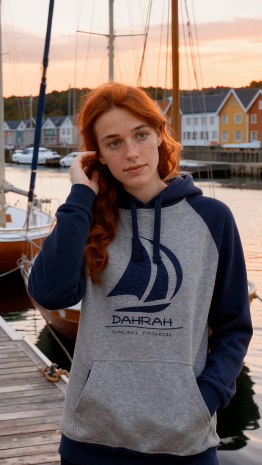 Sailing hoodie with print of Dahrah sailboat logo.