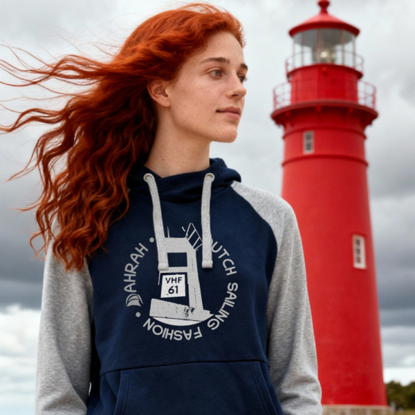 Sailing hoodie by Dahrah with print of a lighthouse, in grey and navy color and raglan sleeve. Great style for sailing, skippers and crews.