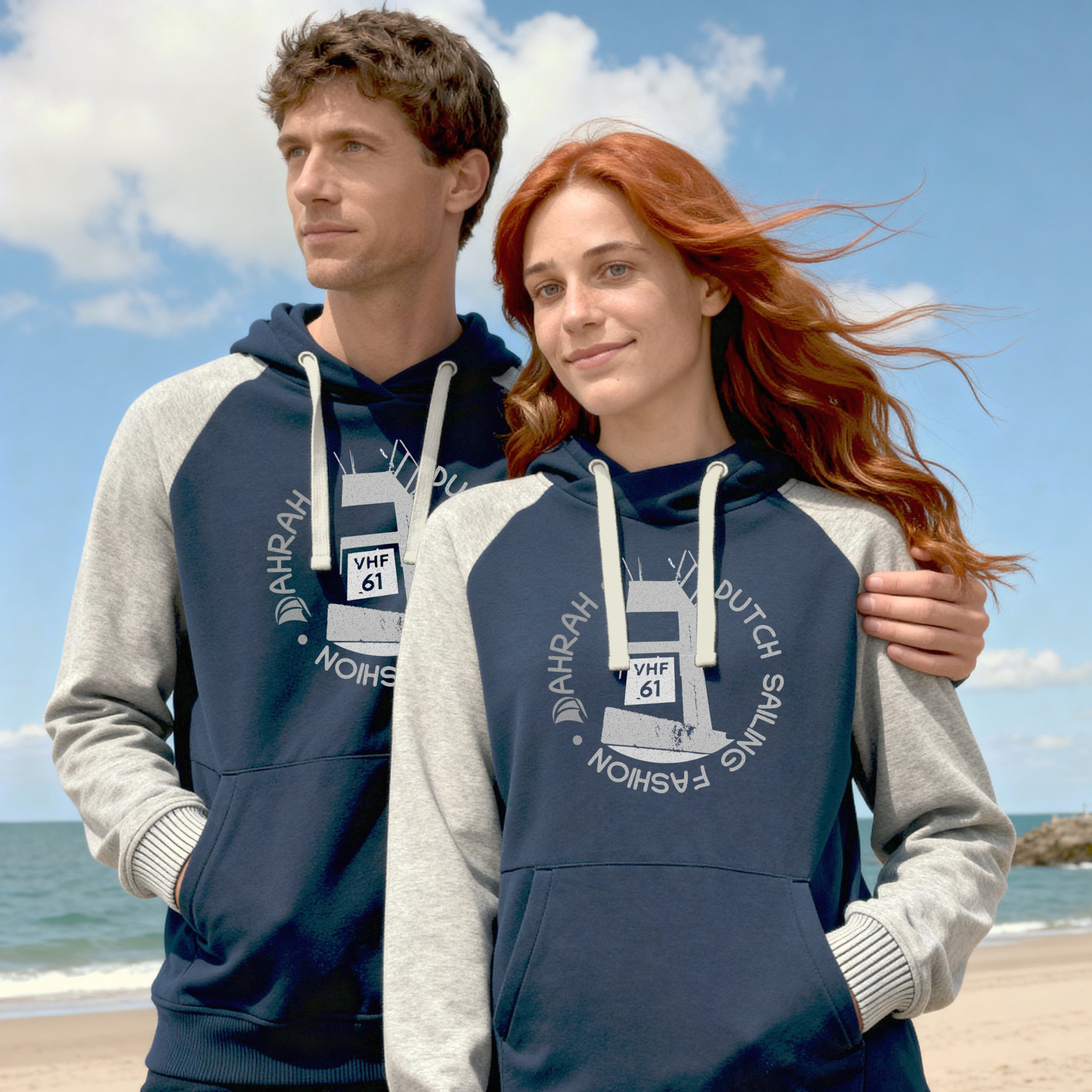 Sailing hoodie by Dahrah with print of a lighthouse, in grey and navy color and raglan sleeve. Great style for sailing, skippers and crews.