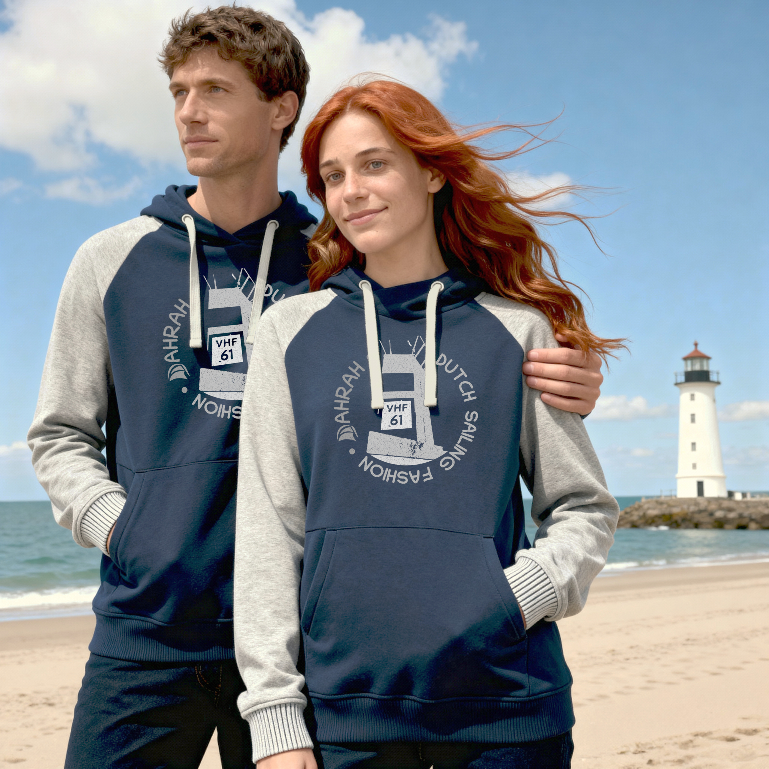 Sailing hoodie by Dahrah with print of a lighthouse, in grey and navy color and raglan sleeve. Great style for sailing, skippers and crews.