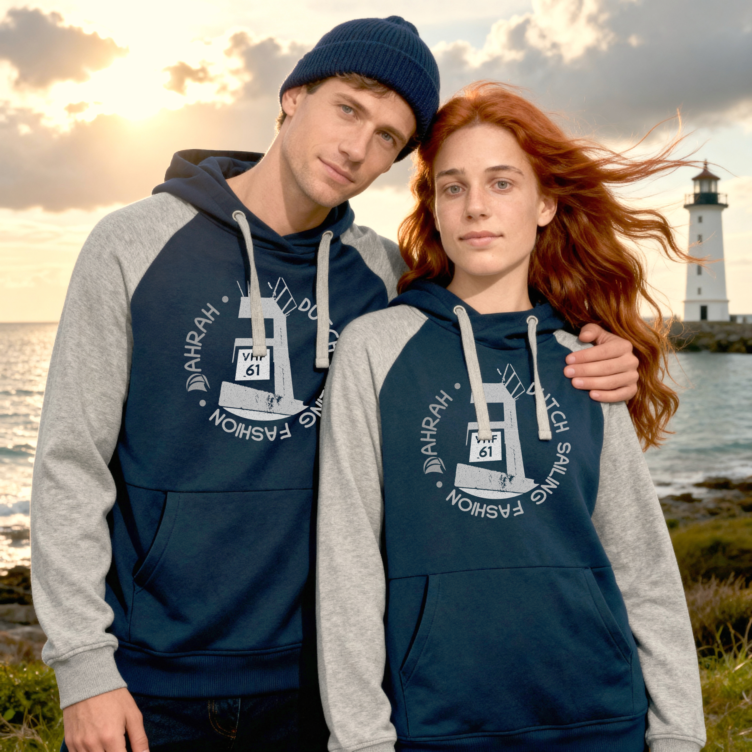 Sailing hoodie by Dahrah with print of a lighthouse, in grey and navy color and raglan sleeve. Great style for sailing, skippers and crews.