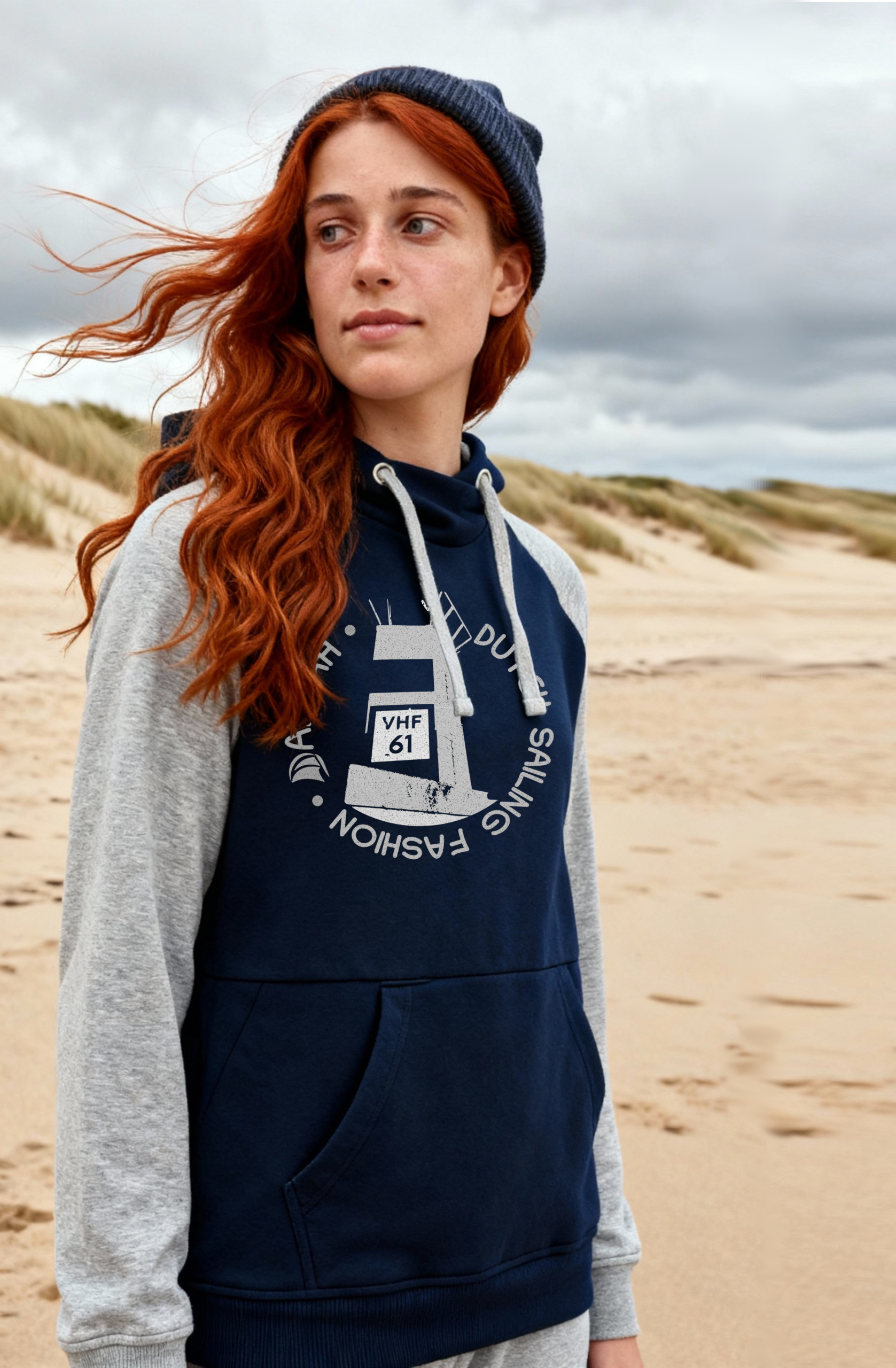 Sailing hoodie by Dahrah with print of a lighthouse, in grey and navy color and raglan sleeve. Great style for sailing, skippers and crews.