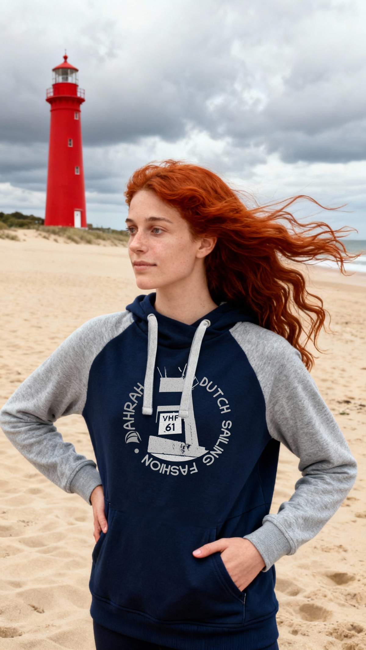 Sailing hoodie by Dahrah with print of a lighthouse, in grey and navy color and raglan sleeve. Great style for sailing, skippers and crews.