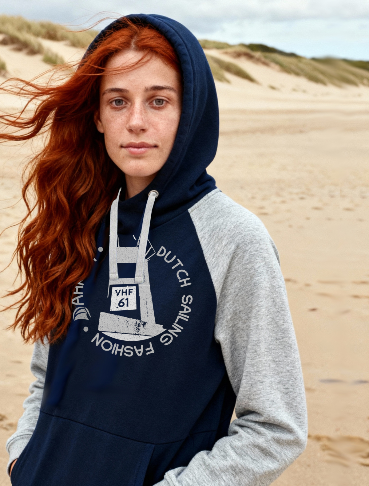Sailing hoodie by Dahrah with print of a lighthouse, in grey and navy color and raglan sleeve. Great style for sailing, skippers and crews.
