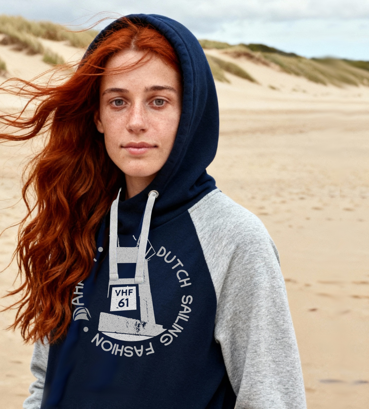 Sailing hoodie by Dahrah with print of a lighthouse, in grey and navy color and raglan sleeve. Great style for sailing, skippers and crews.