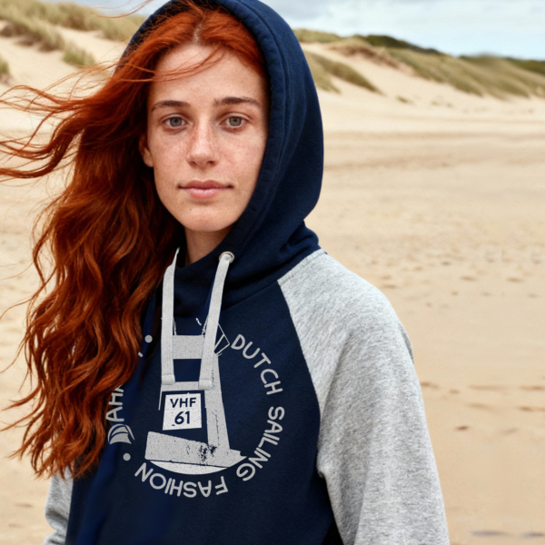 Sailing hoodie by Dahrah with print of a lighthouse, in grey and navy color and raglan sleeve. Great style for sailing, skippers and crews.