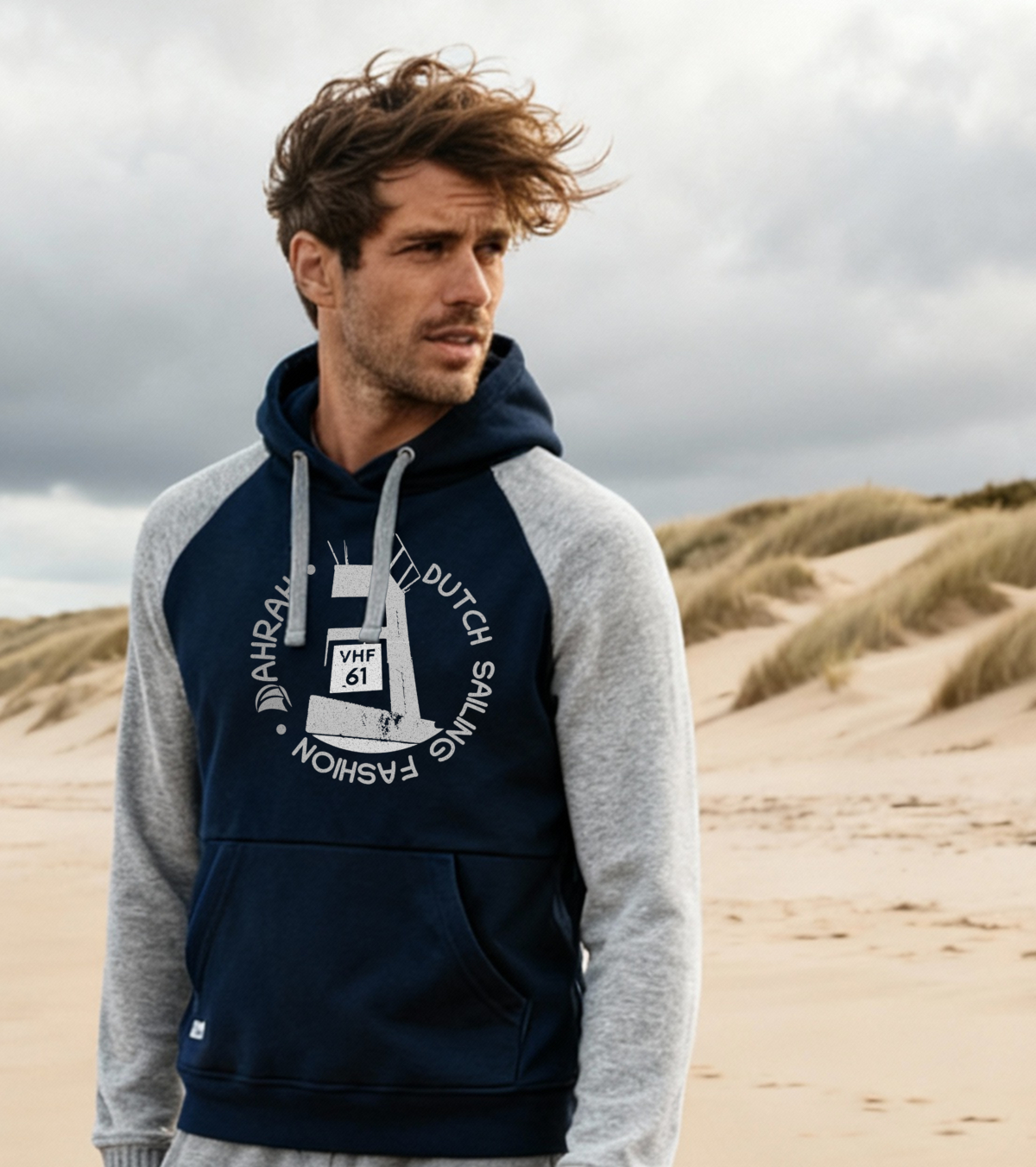 Sailing hoodie by Dahrah with print of a lighthouse, in grey and navy color and raglan sleeve. Great style for sailing, skippers and crews.