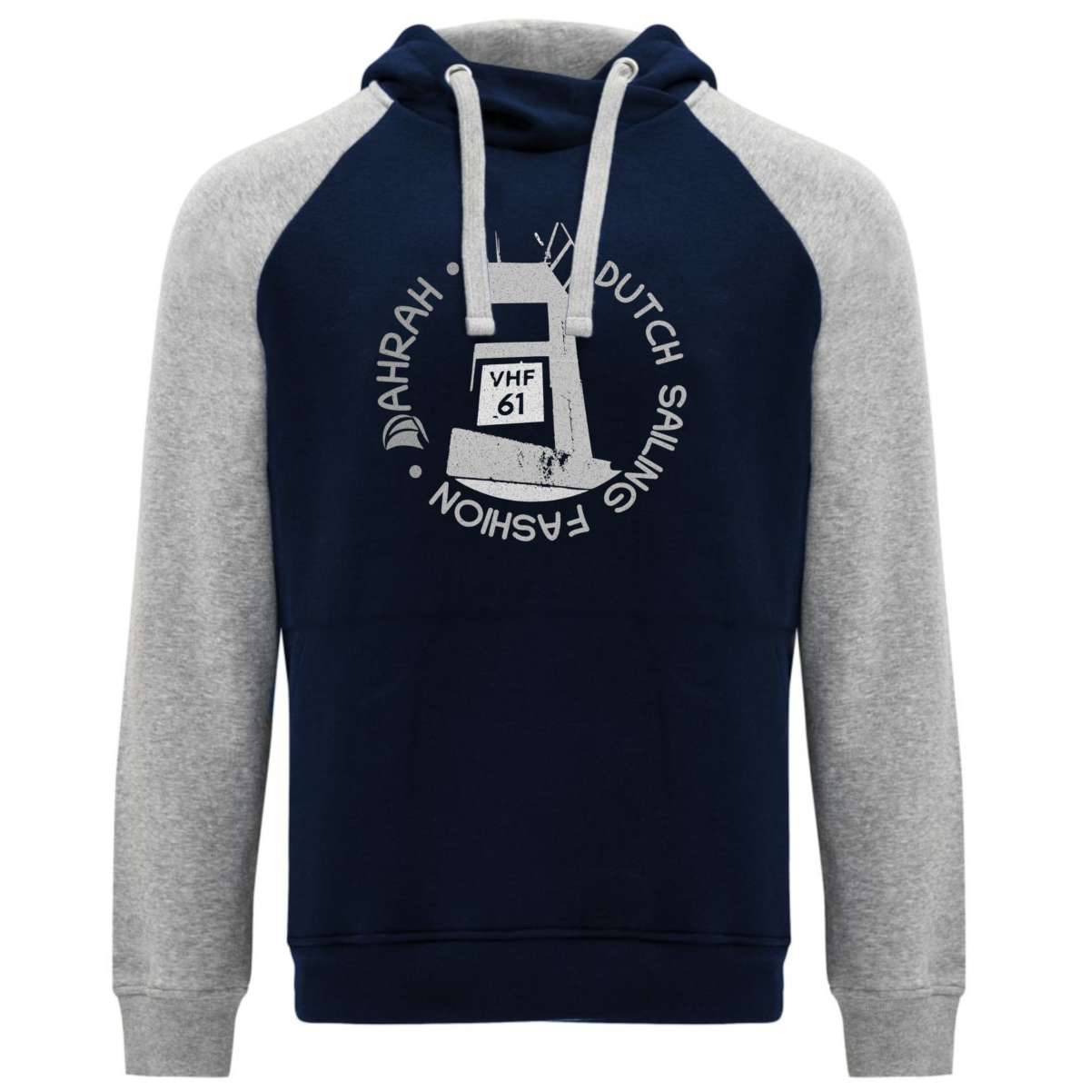 Sailing hoodie by Dahrah with print of a lighthouse, in grey and navy color and raglan sleeve. Great style for sailing, skippers and crews.