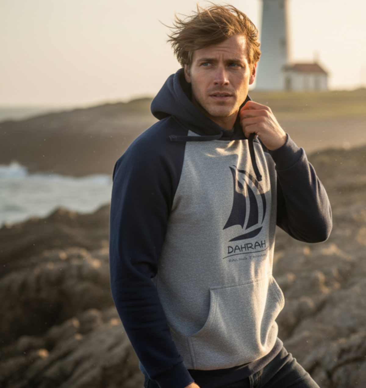 Sailing hoodie with print of Dahrah sailboat logo.