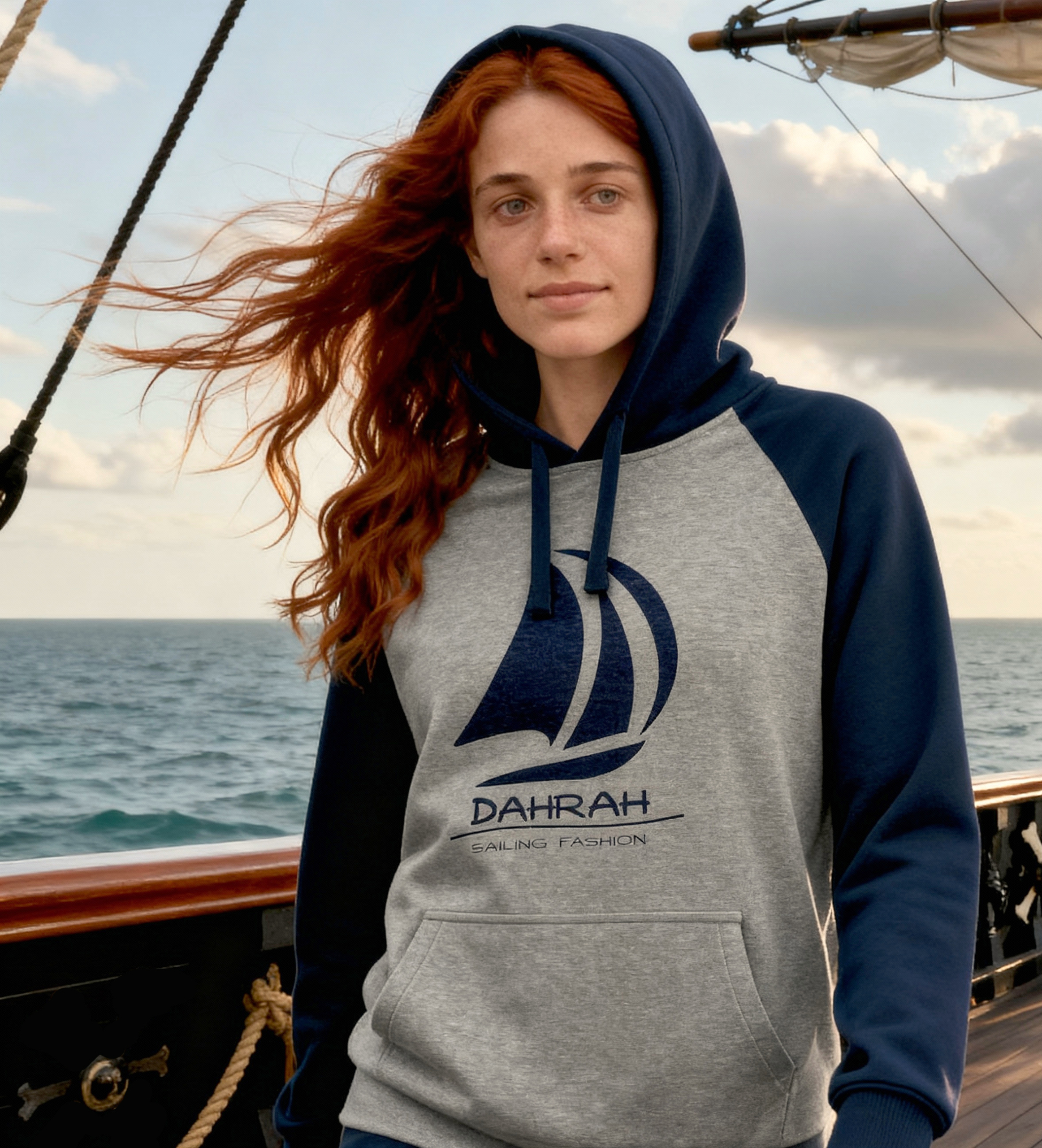 Sailing hoodie with print of Dahrah sailboat logo.