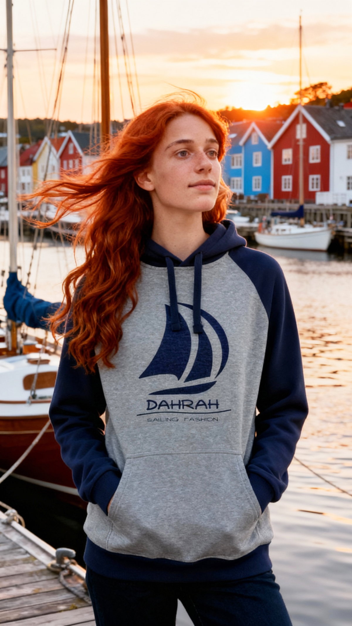 Sailing hoodie with print of Dahrah sailboat logo.
