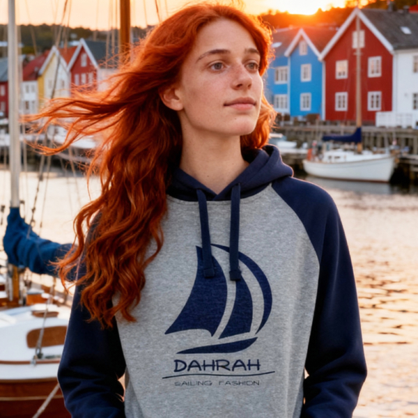 Sailing hoodie with print of Dahrah sailboat logo.