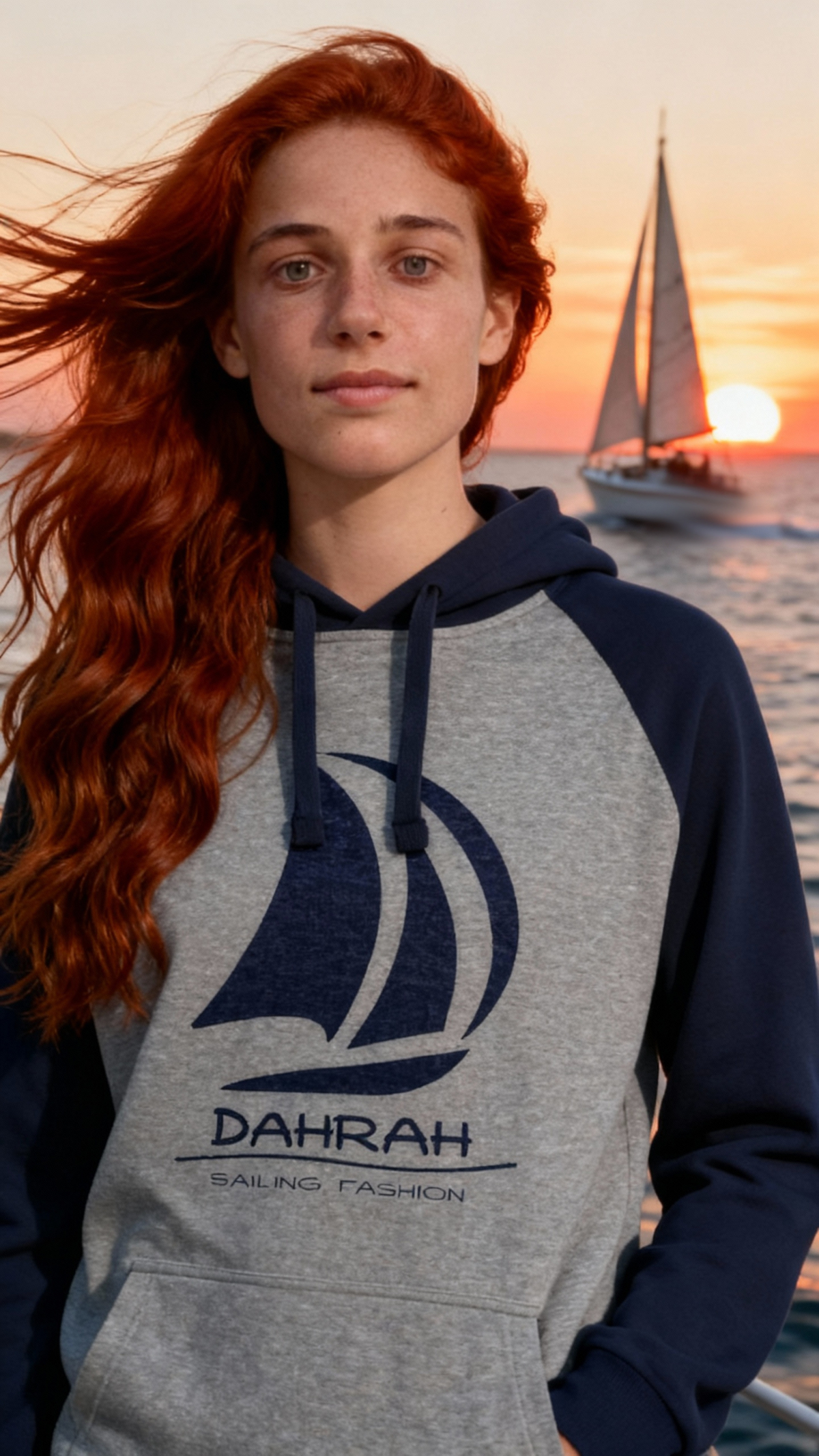 Sailing hoodie with print of Dahrah sailboat logo.