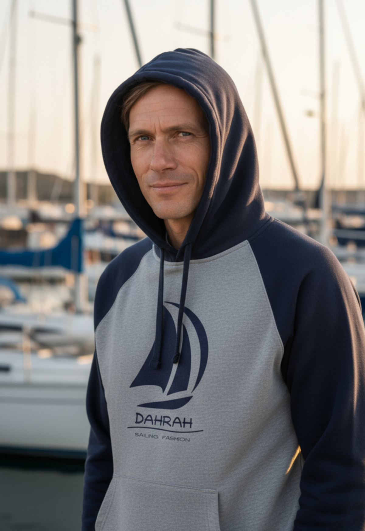 Sailing hoodie with print of Dahrah sailboat logo.