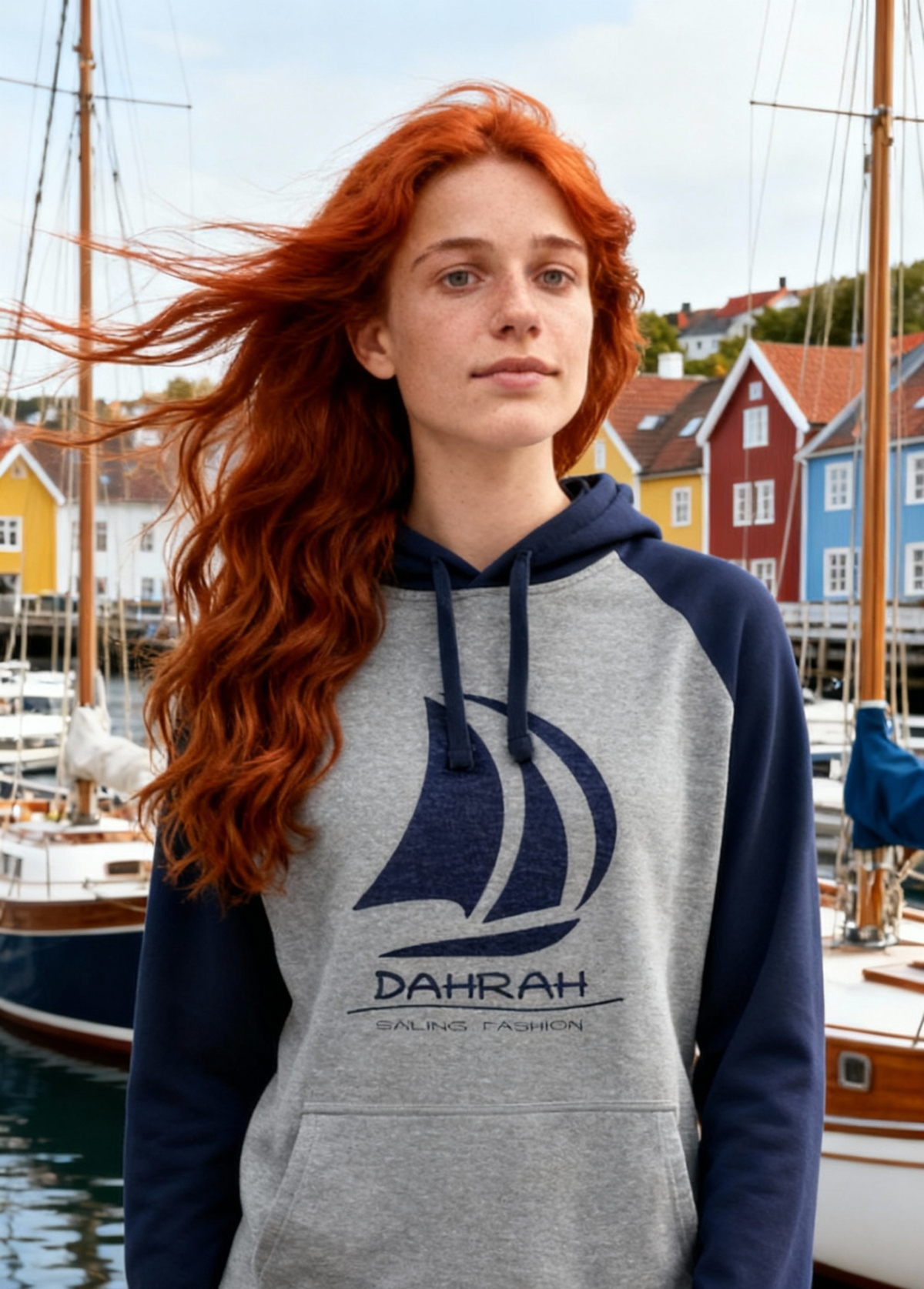 Sailing hoodie with print of Dahrah sailboat logo.