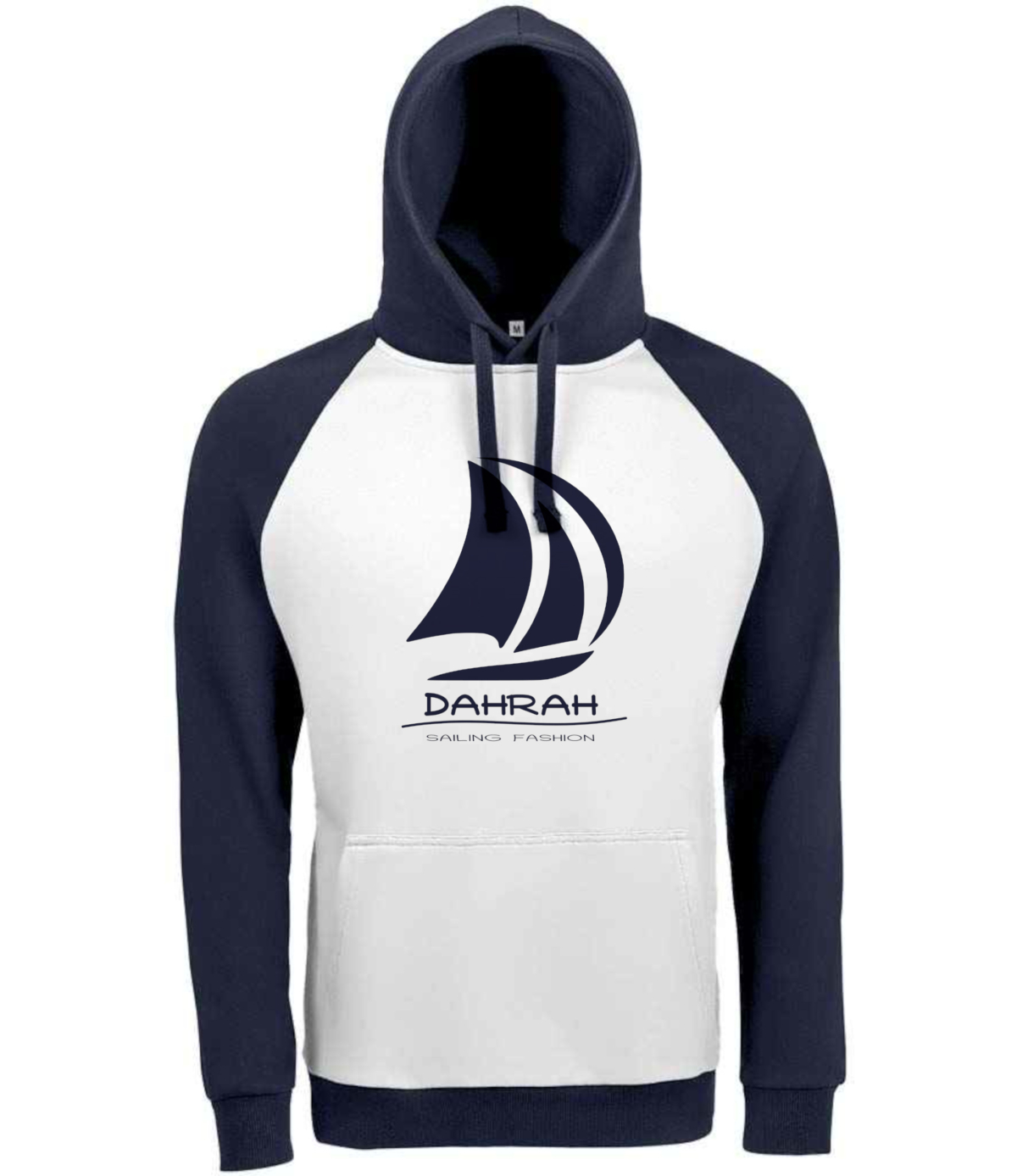 Sailing hoodie with print of Dahrah sailboat logo.
