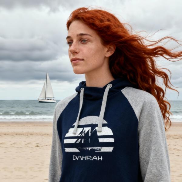 Sailing hoodie by Dahrah with print of Flying Dutchman sailboat, in grey and navy colors and raglan sleeves. Great style for sailing, skippers and crews.