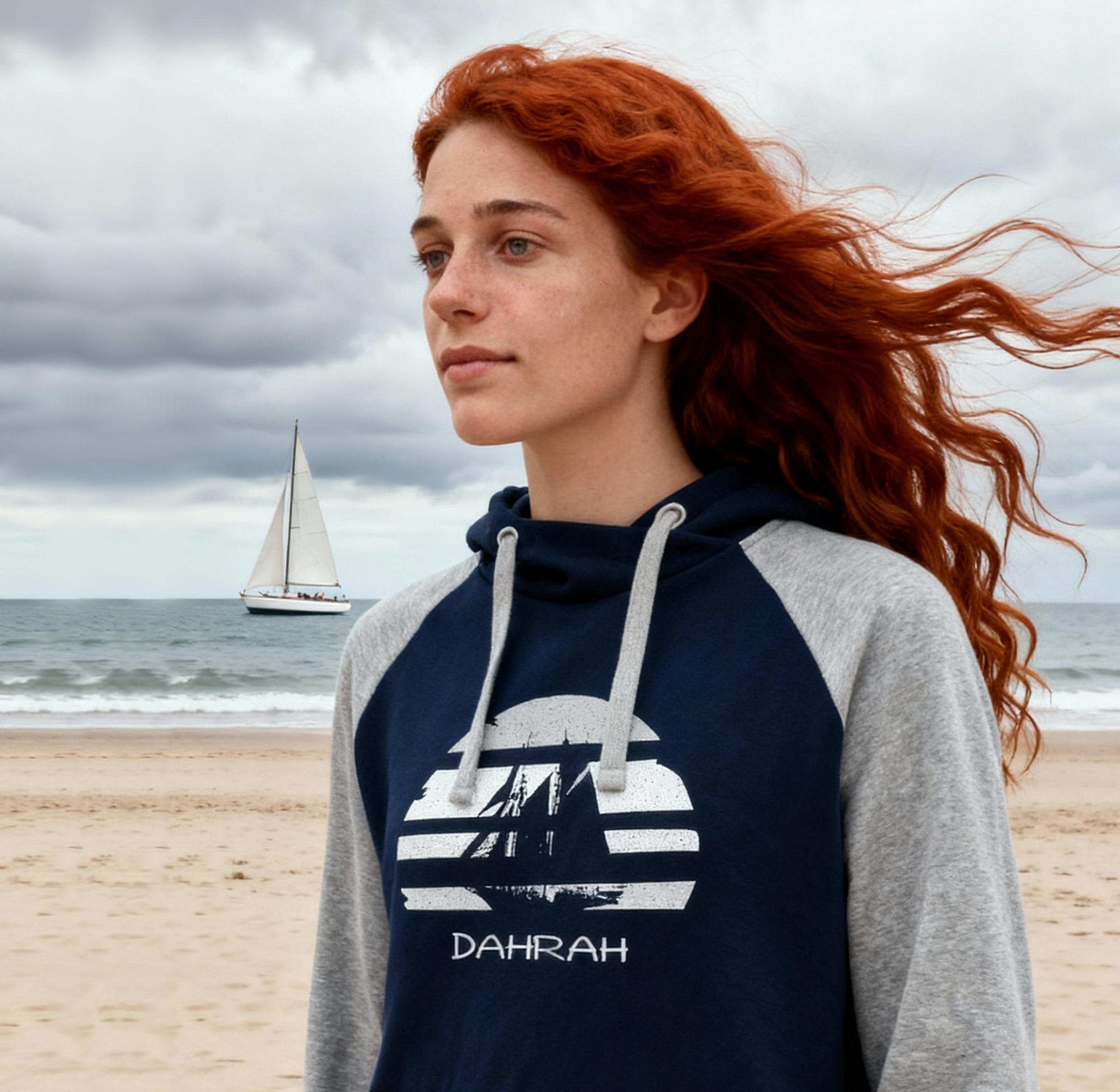 Sailing hoodie by Dahrah with print of Flying Dutchman sailboat, in grey and navy colors and raglan sleeves. Great style for sailing, skippers and crews.
