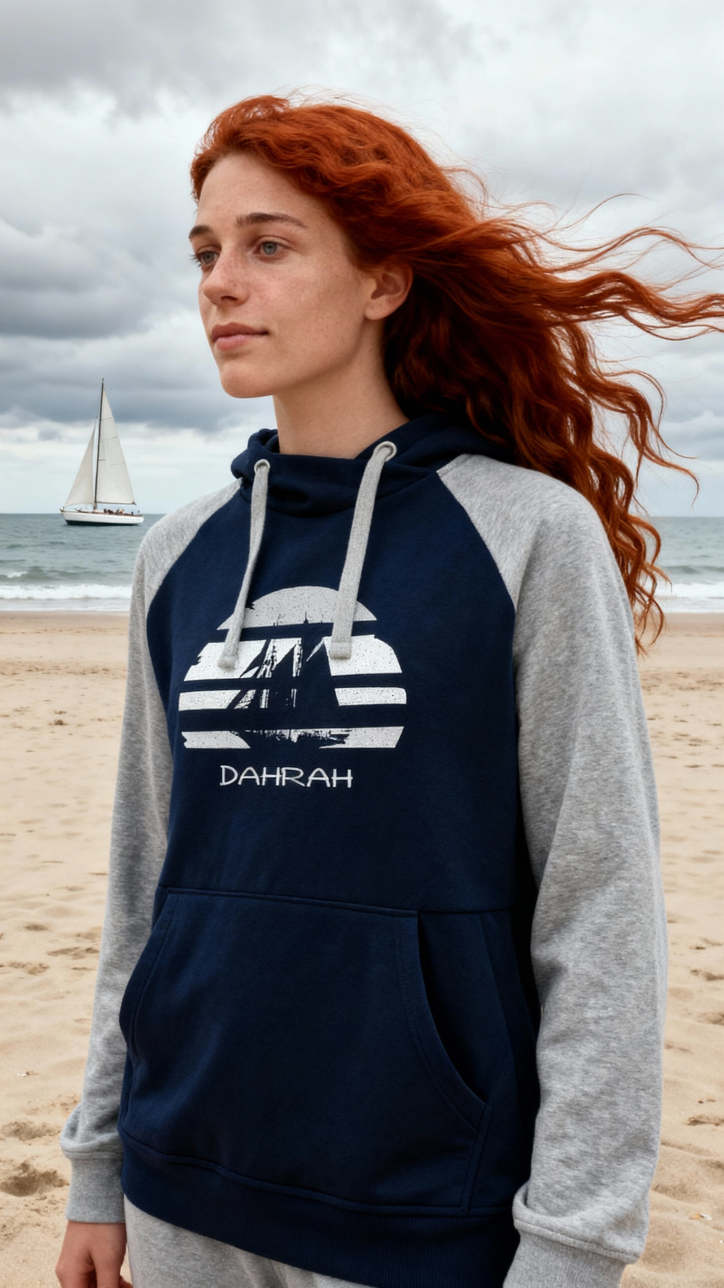Sailing hoodie by Dahrah with print of Flying Dutchman sailboat, in grey and navy colors and raglan sleeves. Great style for sailing, skippers and crews.