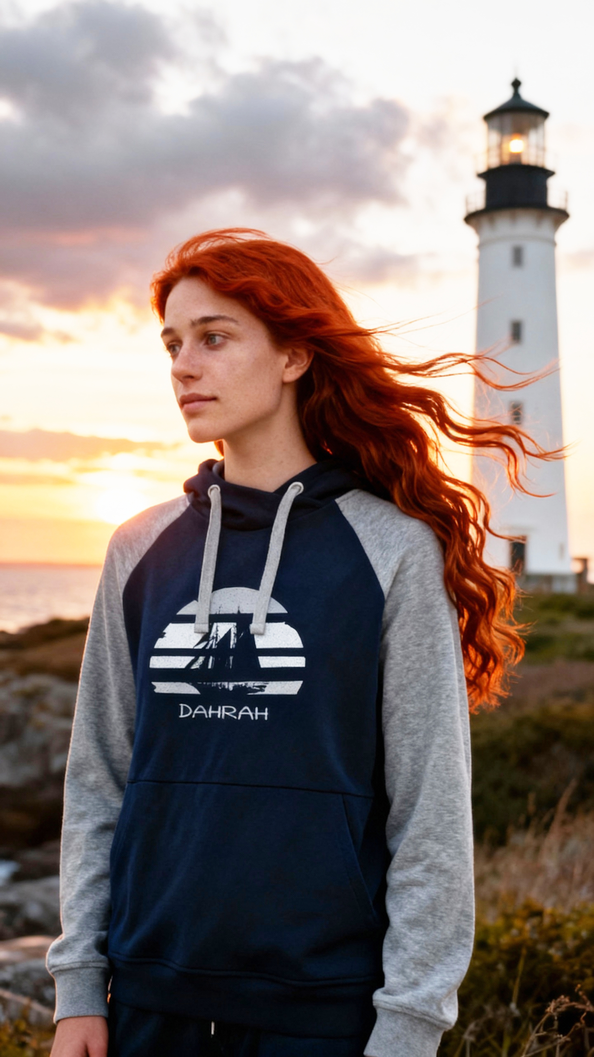 Sailing hoodie by Dahrah with print of Flying Dutchman sailboat, in grey and navy colors and raglan sleeves. Great style for sailing, skippers and crews.