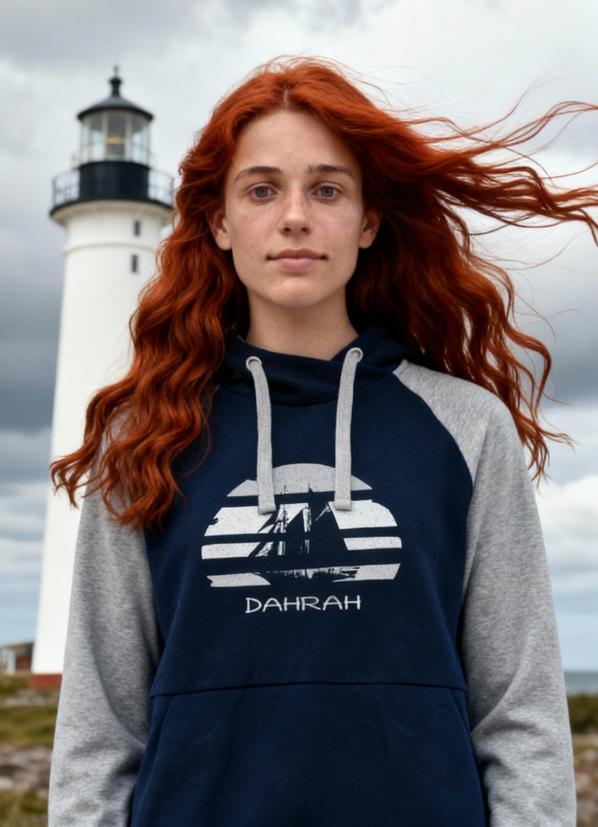 Sailing hoodie by Dahrah with print of Flying Dutchman sailboat, in grey and navy colors and raglan sleeves. Great style for sailing, skippers and crews.